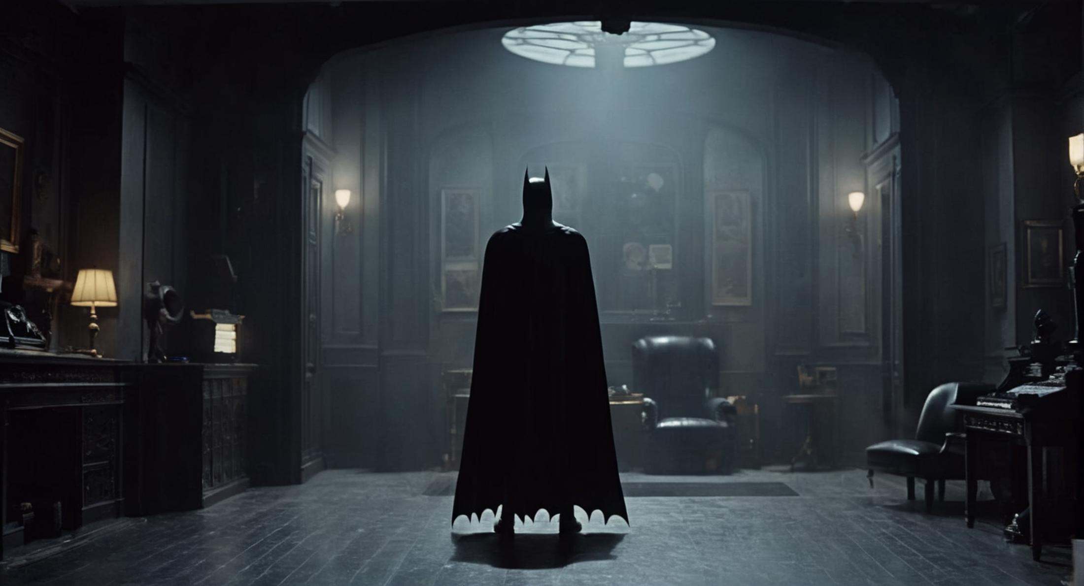 concept art of Cinematic Film stock footage in (arri alexa style) Kodak film print,  batman 1989 a man in a batman costume...