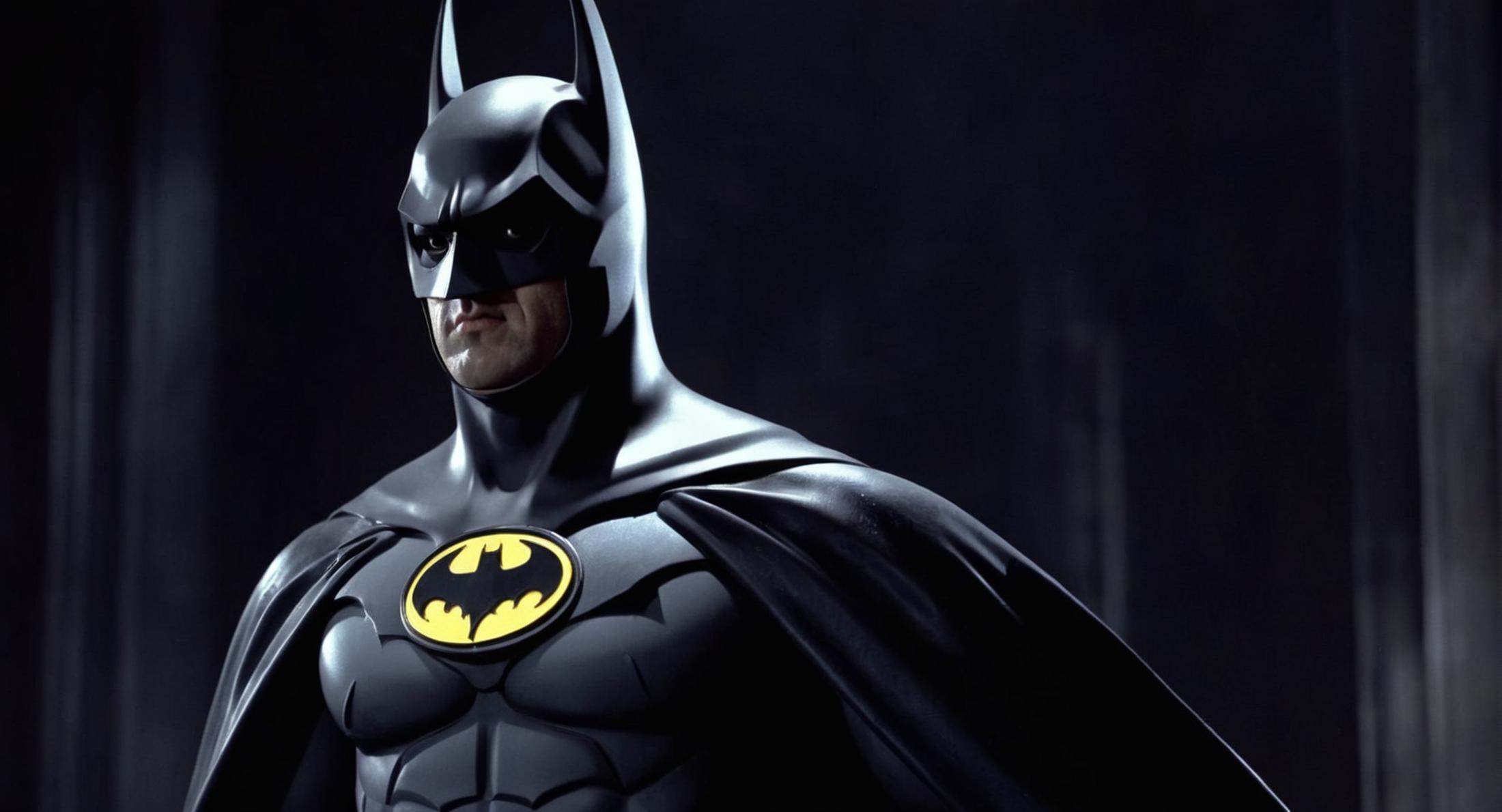 concept art of Cinematic Film stock footage in (arri alexa style) Kodak film print,  batman 1989 a close up of a batman wi...