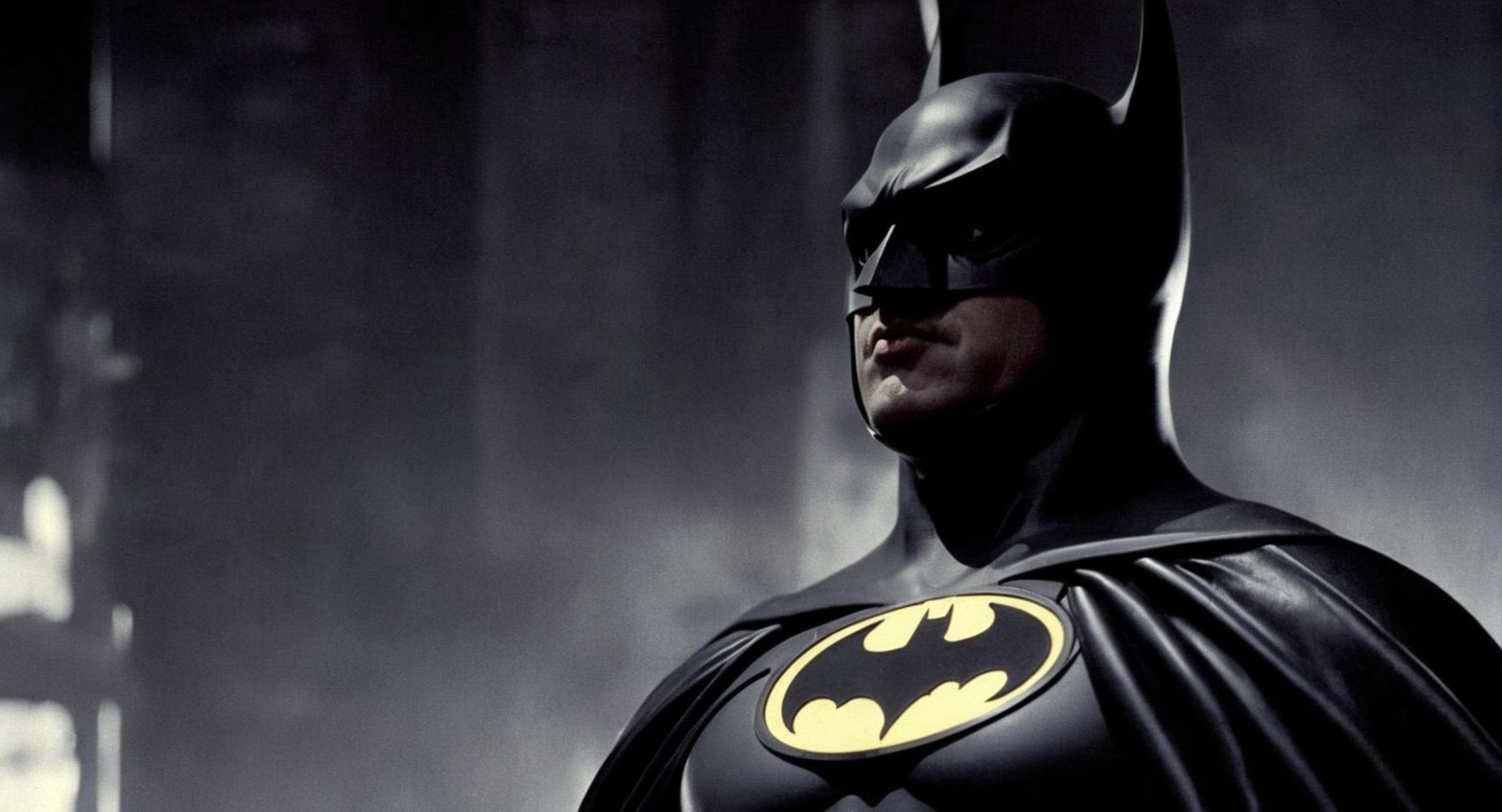 concept art of Cinematic Film stock footage in (arri alexa style) Kodak film print,  batman 1989 a batman is shown in blac...