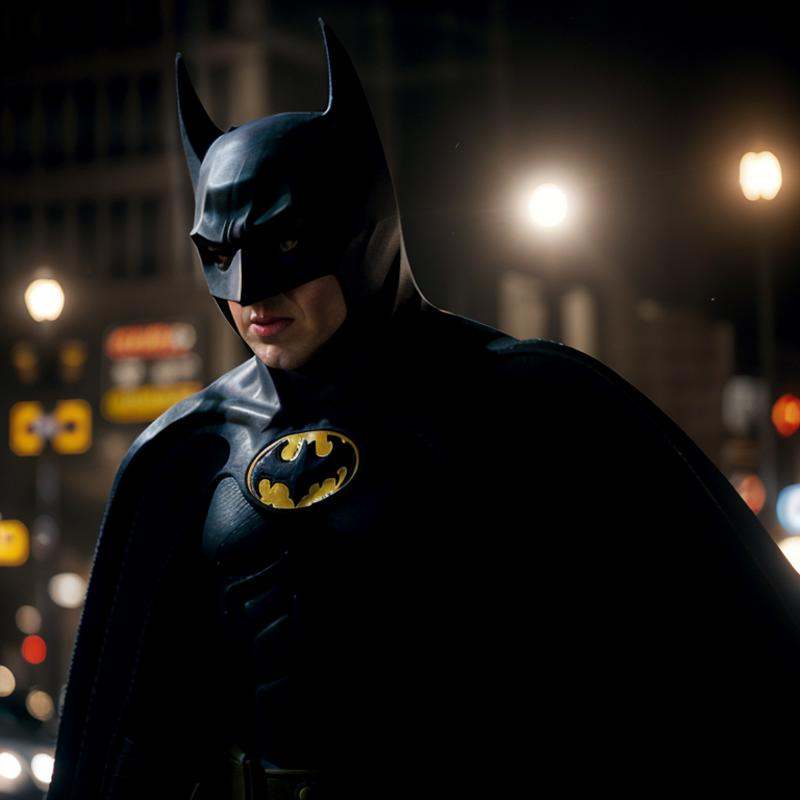 cinematic film still of batman 1989 a man in a batman costume chasing a man in a hat,  shallow depth of field,  vignette o...