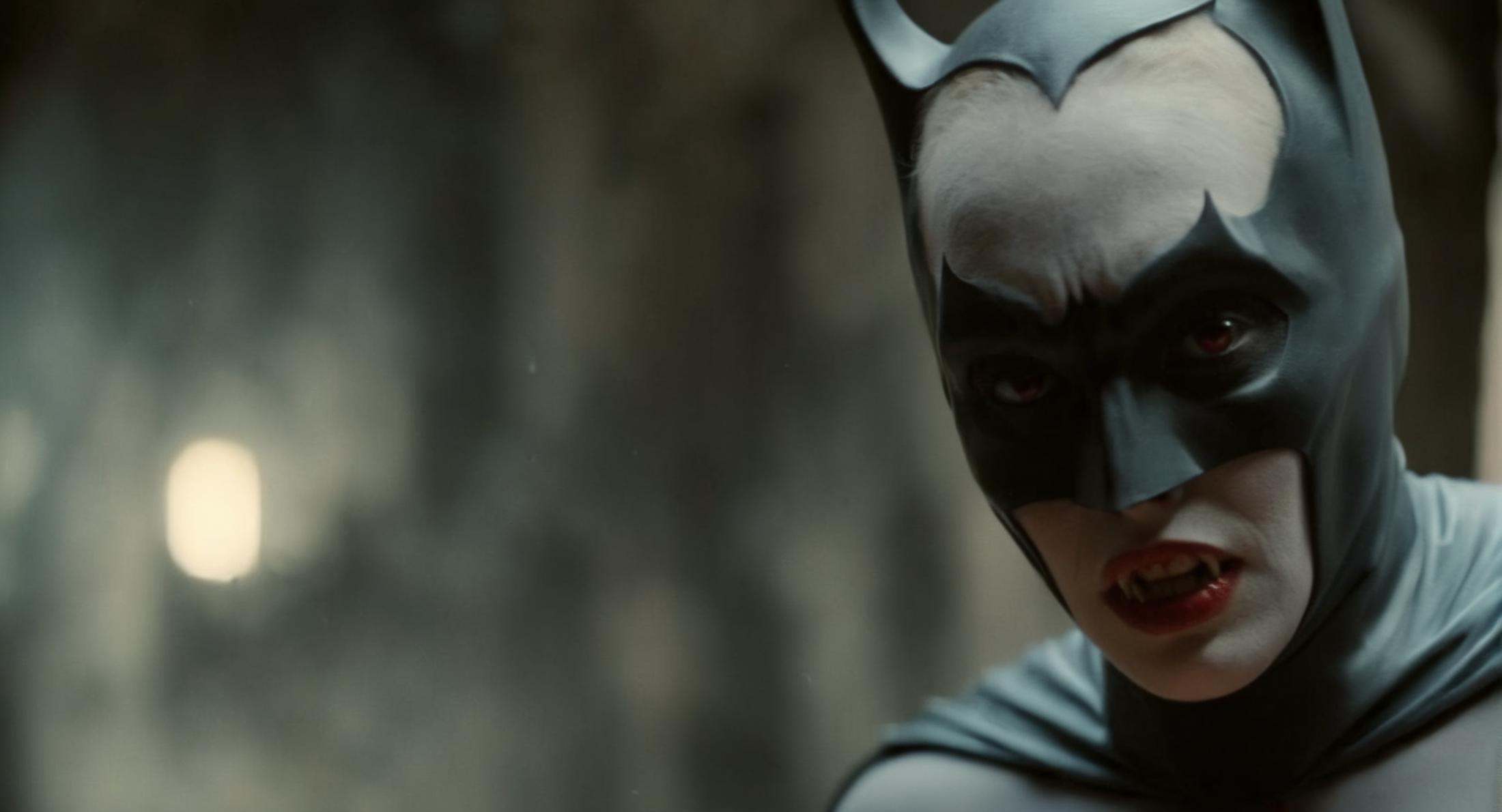 cinematic film still of Cinematic Film stock footage in (arri alexa style) Kodak film print,  female Batman Vampire a nake...