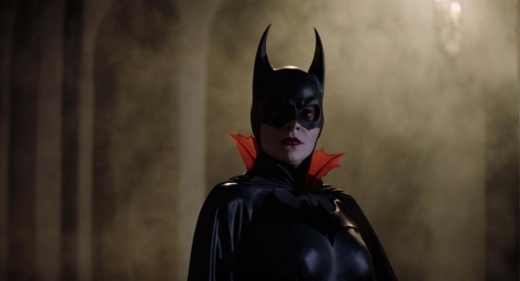 cinematic film still of Cinematic Film stock footage in (arri alexa style) Kodak film print,  female Batman Vampire a woma...