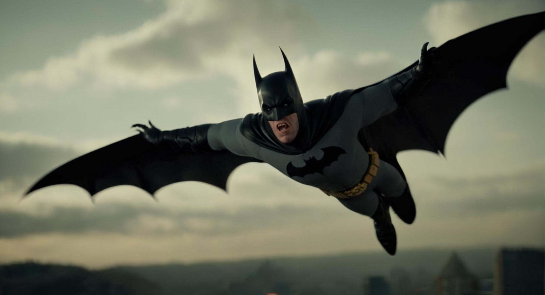 cinematic film still of Cinematic Film stock footage in (arri alexa style) Kodak film print,  Batman Vampire a batman flyi...