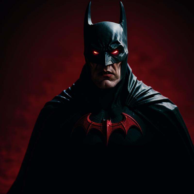 cinematic film still of Batman Vampire a batman villain with a red background and vampire fangs,  shallow depth of field,...