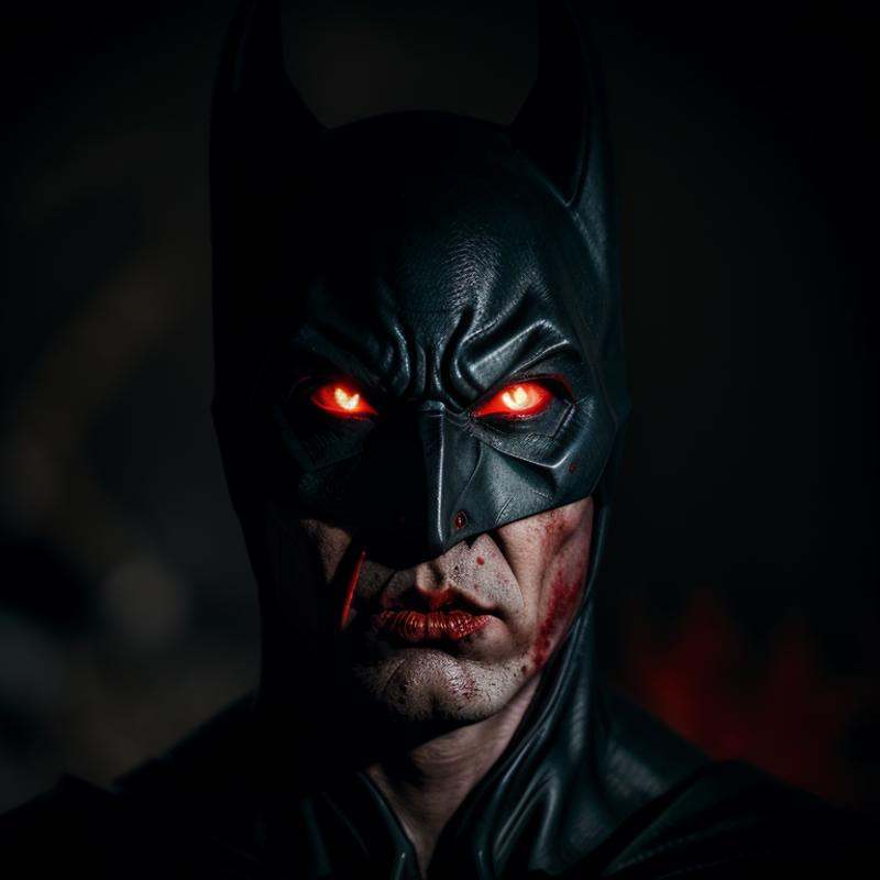 cinematic film still of Batman Vampire a close up of a batman mask with a red bloody mouth and vampire fangs,  shallow dep...
