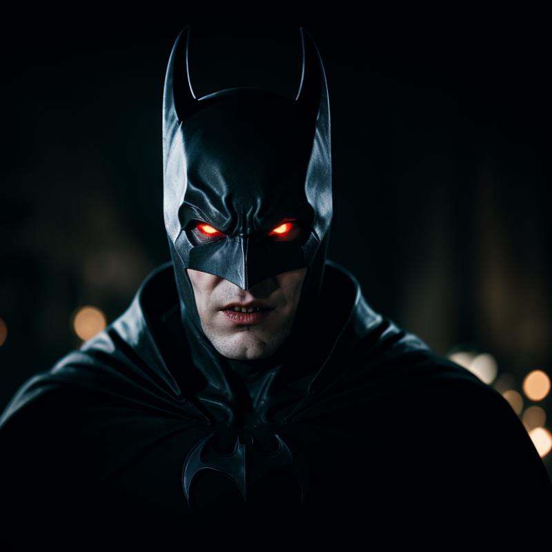 cinematic film still of Batman Vampire a man in a black costume with red eyes and a devil mask and vampire fangs,  shallow...