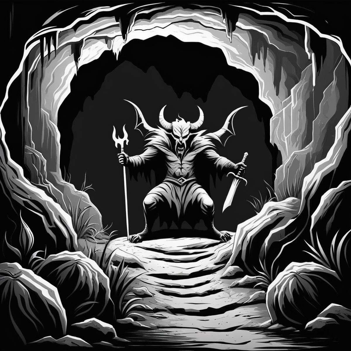 Dark Fantasy Art of a black and white drawing of a devil in a cave in hell dark art painting style,  dark,  moody on Tenso...