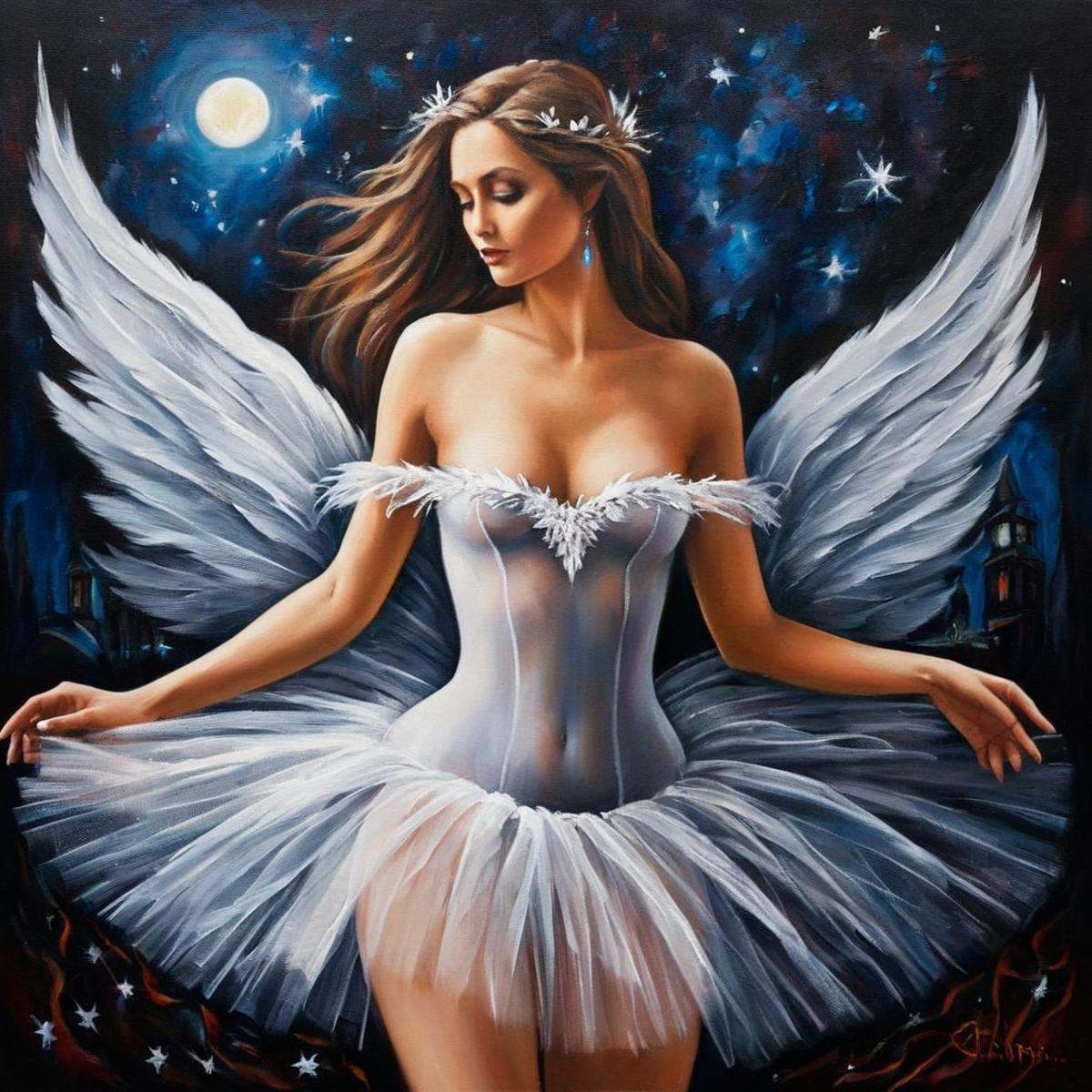 Dark Fantasy Art of a painting of a naked woman in a tutu and a man in a tutu dark art painting style,  dark,  moody on Te...