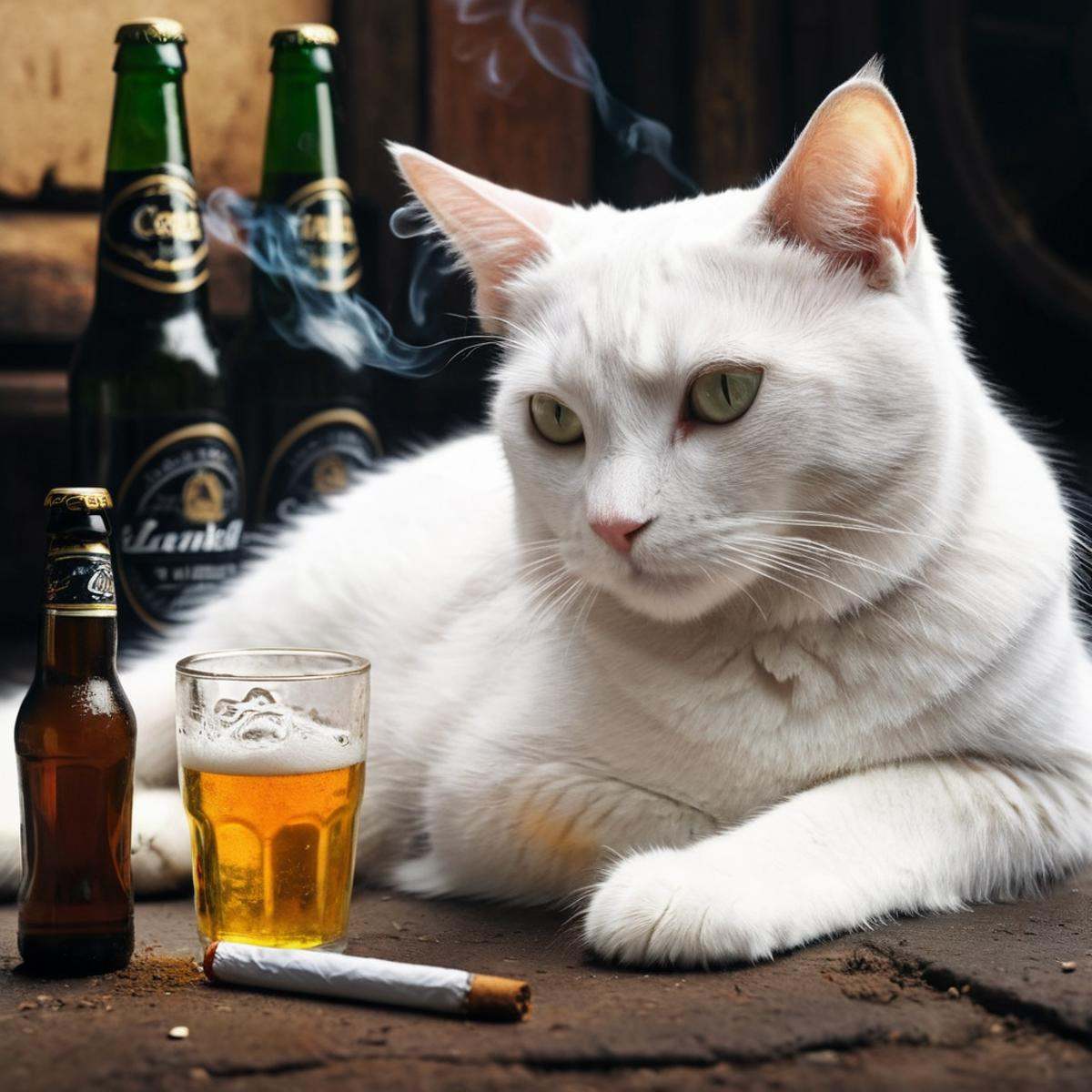 concept art of a white cat laying on the ground next to a bottle of beer and a cigarette in it's mouth dark art painting s...