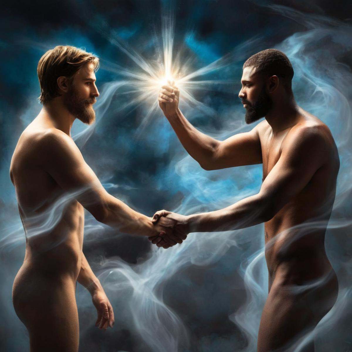 Dark Fantasy Art of a drawing of two naked men shaking hands with light beam on face dark art painting style,  dark,  mood...