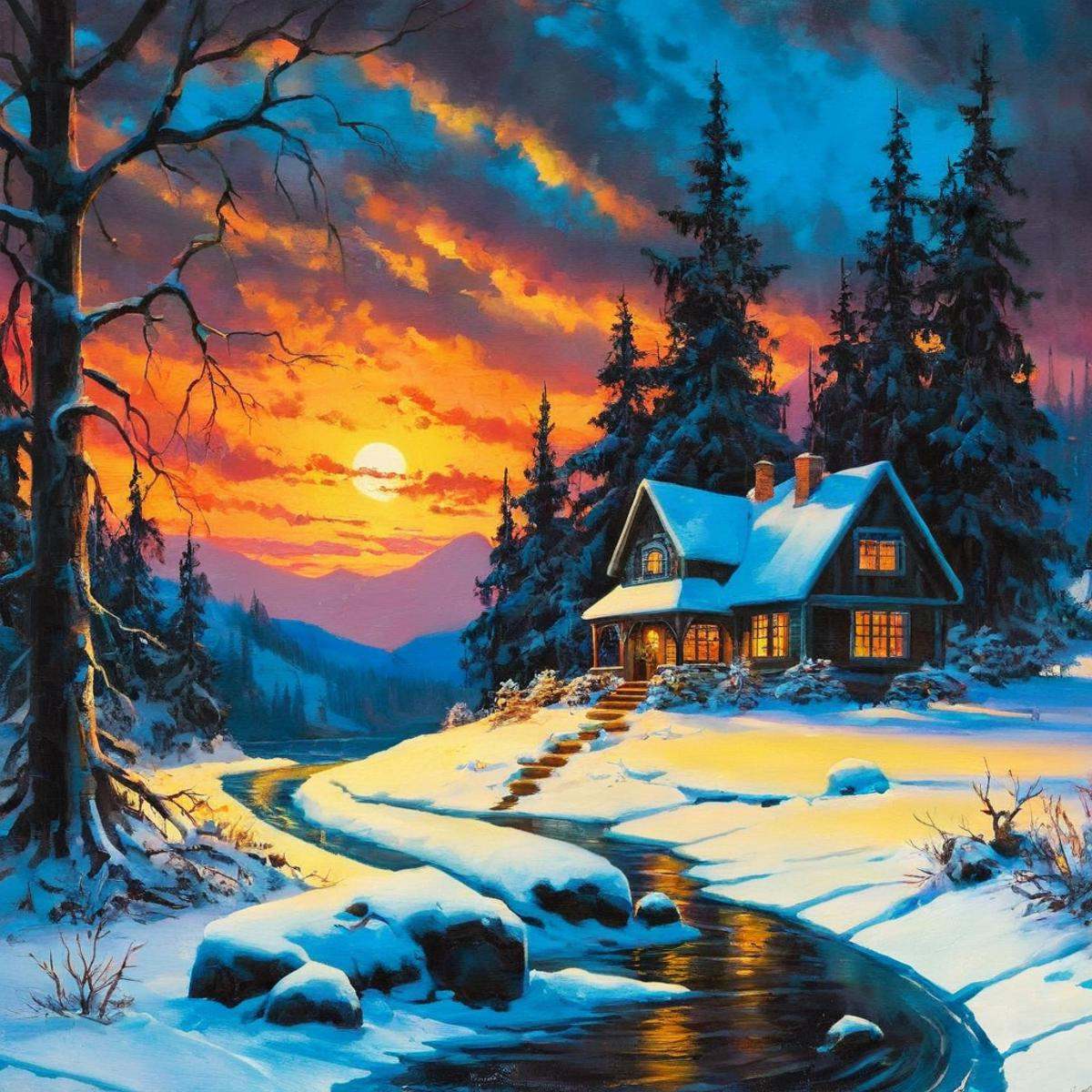 Dark Fantasy Art of a painting of a sunset over a snowy landscape dark art painting style,  dark,  moody on Tensor.Art