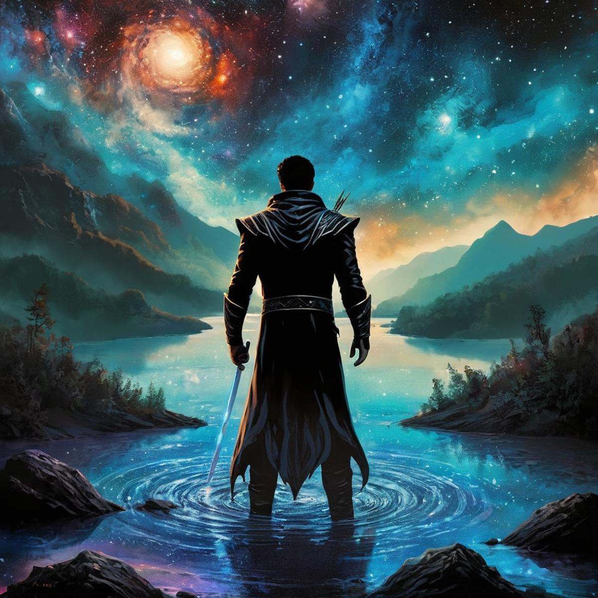 Dark Fantasy Art of a man standing in the middle of a galaxy river dark art painting style,  dark,  moody on Tensor.Art