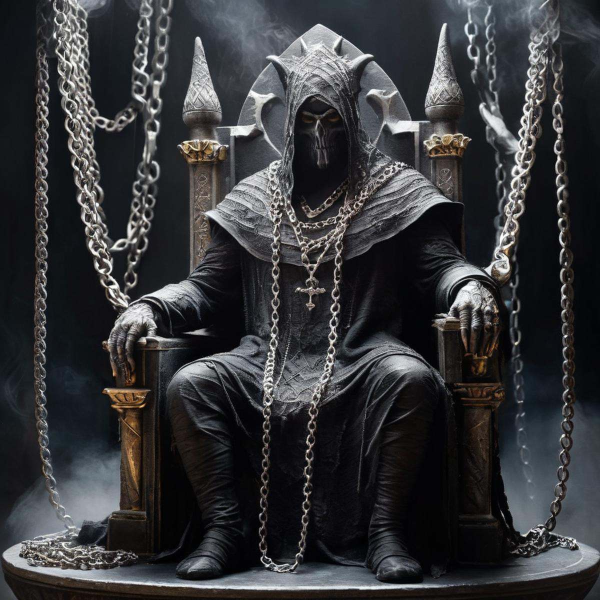 Dark Fantasy Art of a frankincense's monster sitting on a throne with chains around his neck dark art painting style,  dar...