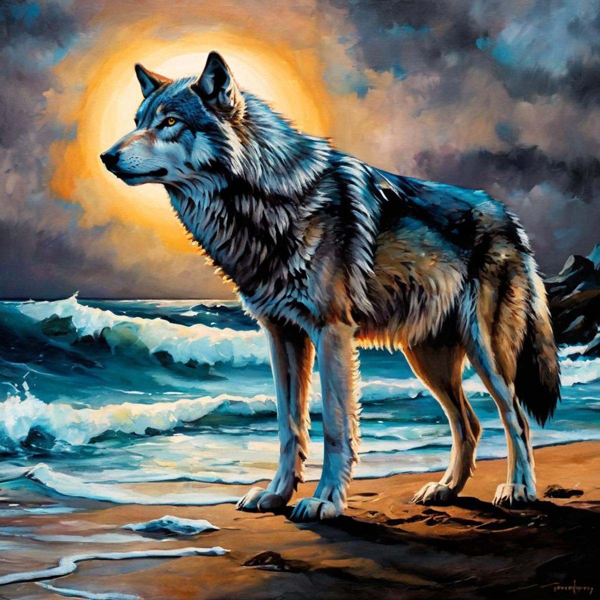 Dark Fantasy Art of a painting of a wolf standing on a beach dark art painting style,  dark,  moody on Tensor.Art