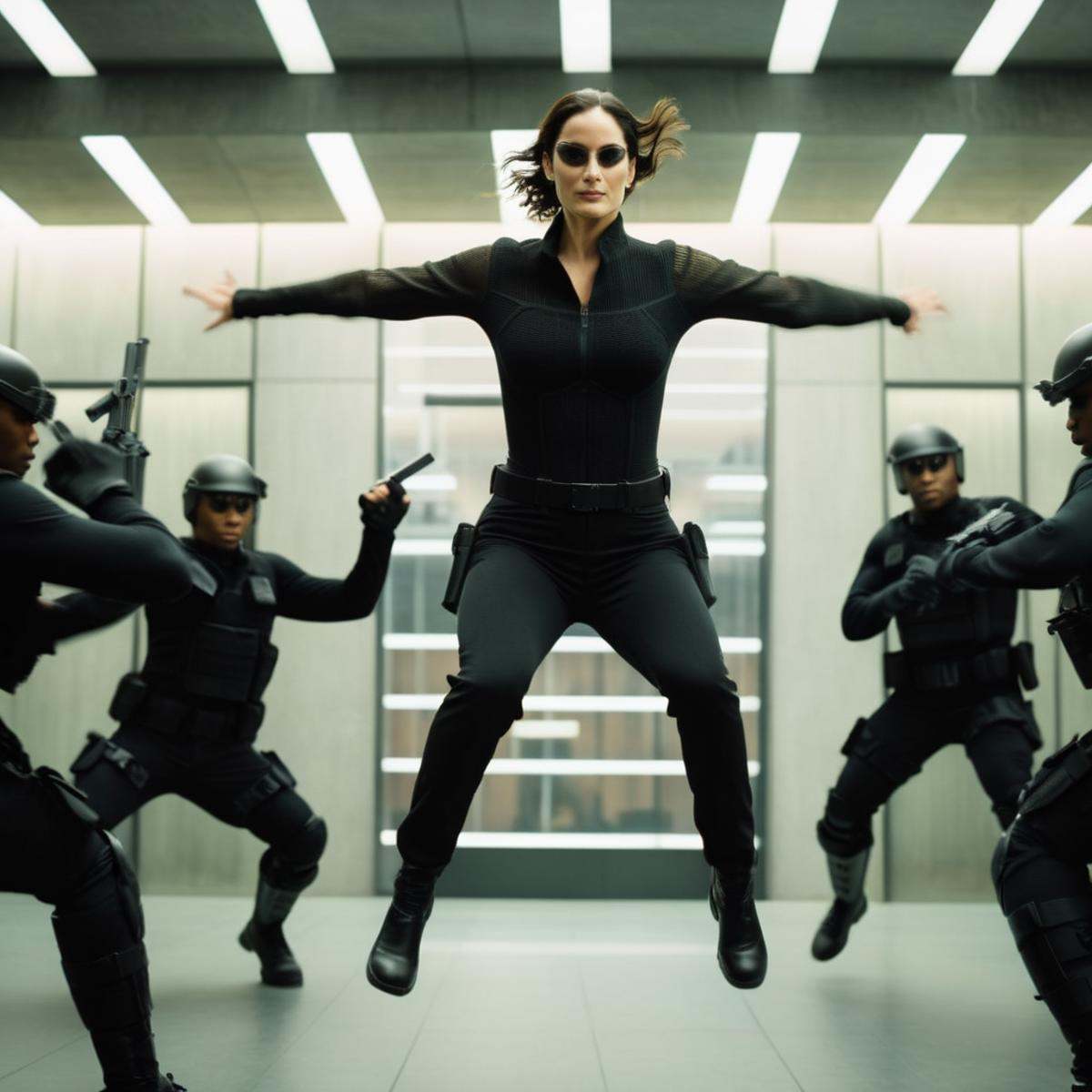 cinematic film still of Trinity a woman in a black outfit is jumping in the air in front of a group of swat team units The...