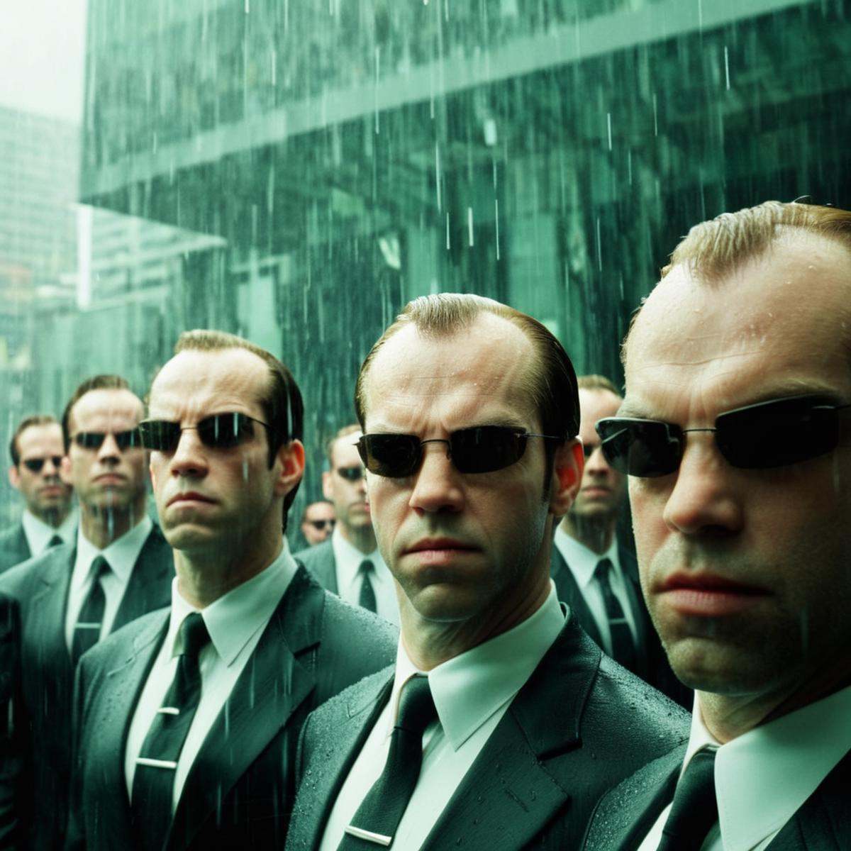 cinematic film still of closeup,  Agent Smith a group of men in suits and sunglasses standing in the rain staring at camer...