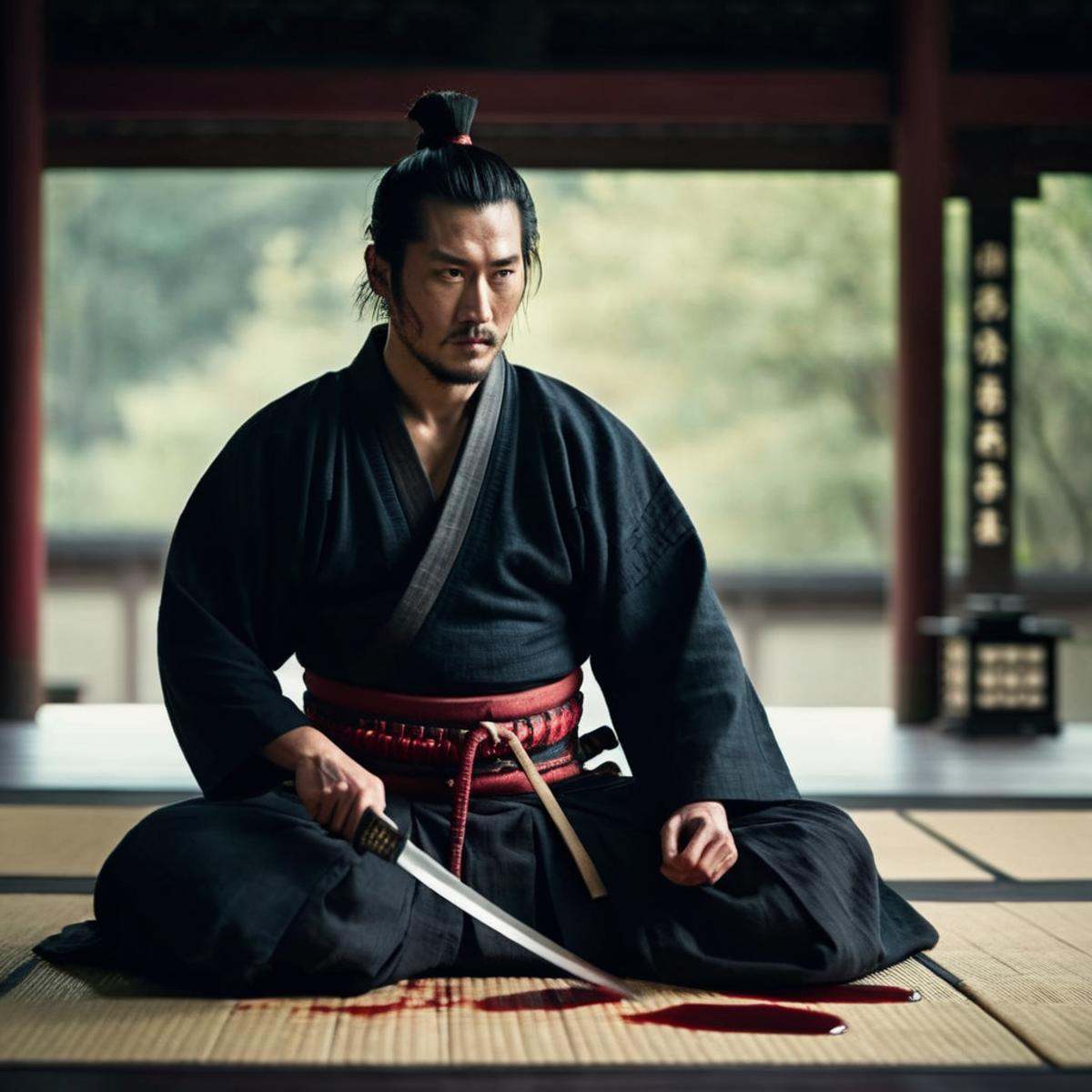 cinematic film still of an epic cinematic photo of a man sitting on the floor with a knife in his hand and bloody gut stom...