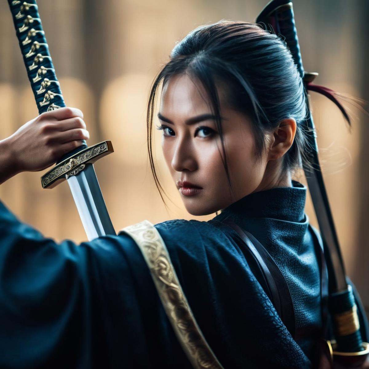 cinematic film still of an epic cinematic closeup photo of a woman holding a sword in front of her eyes female samurai sty...