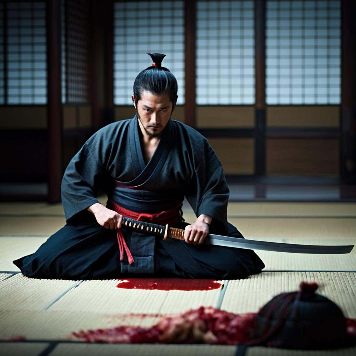 cinematic film still of an epic cinematic photo of a man sitting on the floor with a knife in his hand and bloody gut stom...
