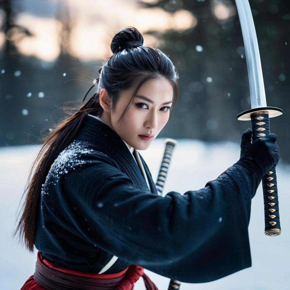 cinematic film still of an epic cinematic photo of a woman holding a sharp reflecting Katana sword in the snow female samu...