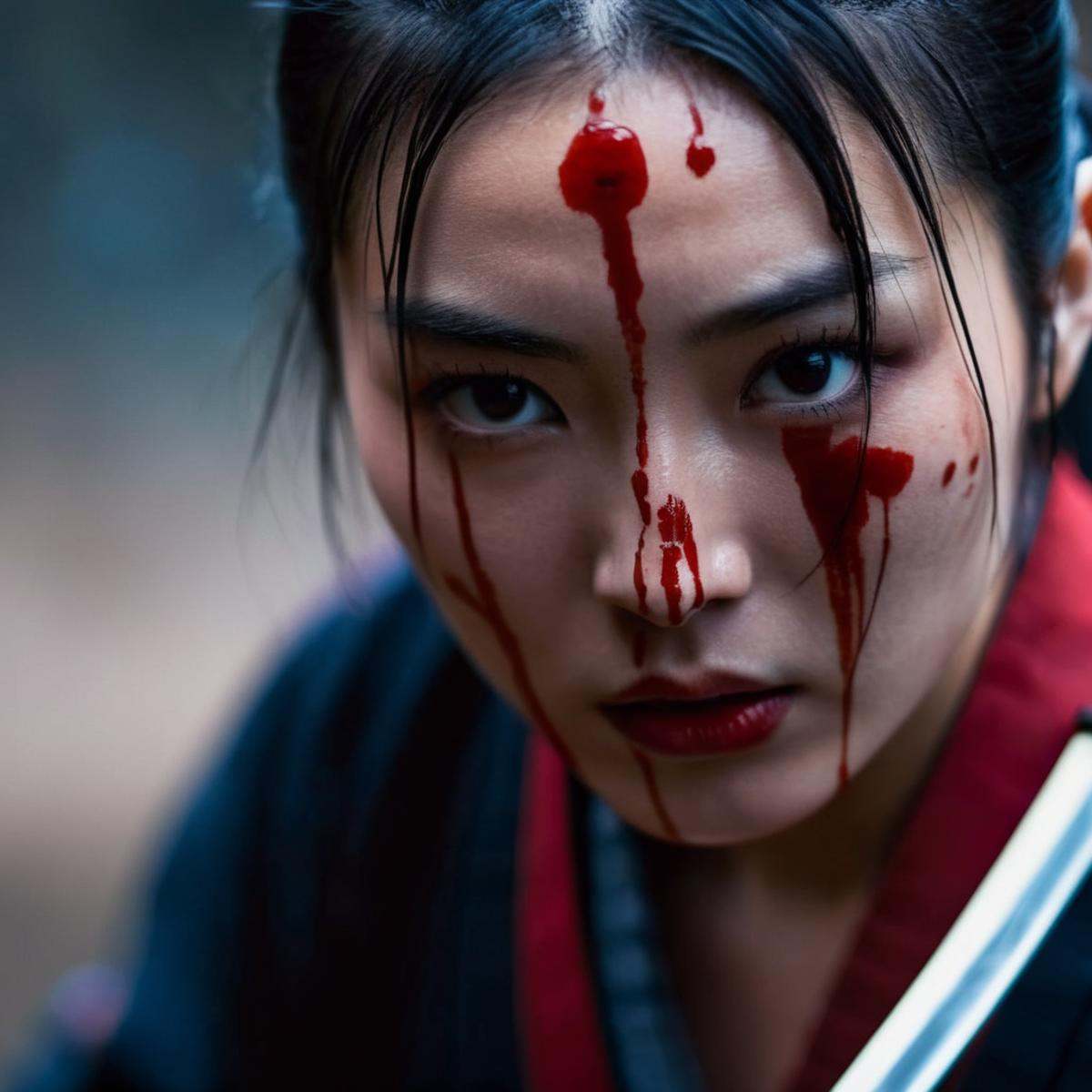 cinematic film still of an epic cinematic photo of a woman with blood and bruises all over her face female samurai style,...