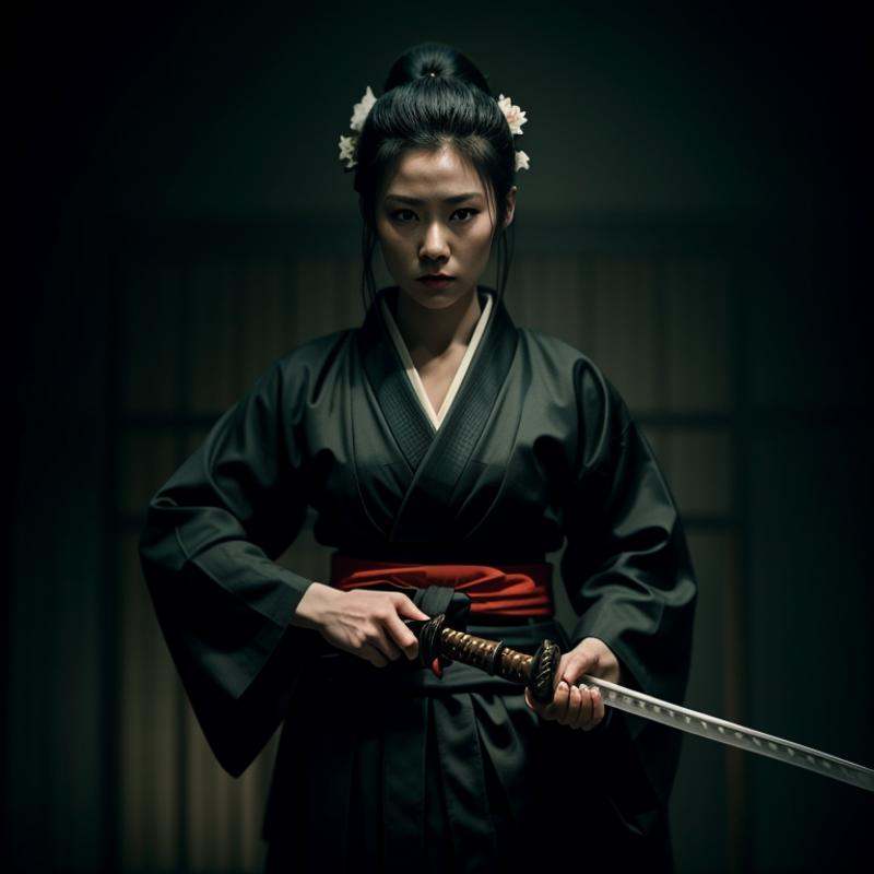 Horror-themed,  an epic cinematic photo of a woman in a kimono holding a samurai sword female samurai style,  Eerie on Ten...