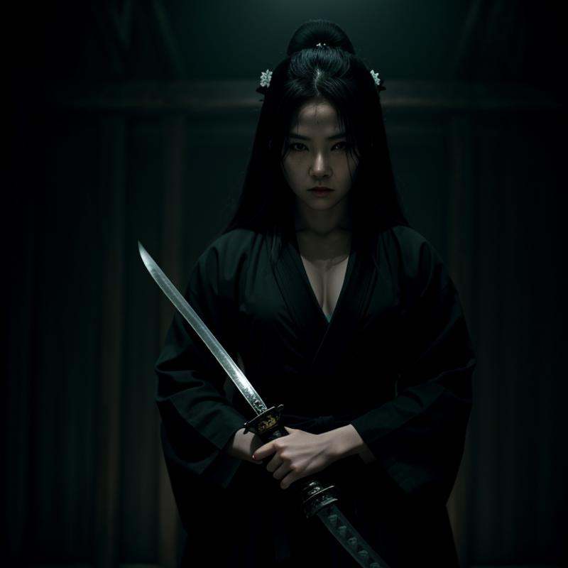 Horror-themed,  an epic cinematic photo of a woman in a black robe holding a Katana female samurai style,  Eerie on Tensor...