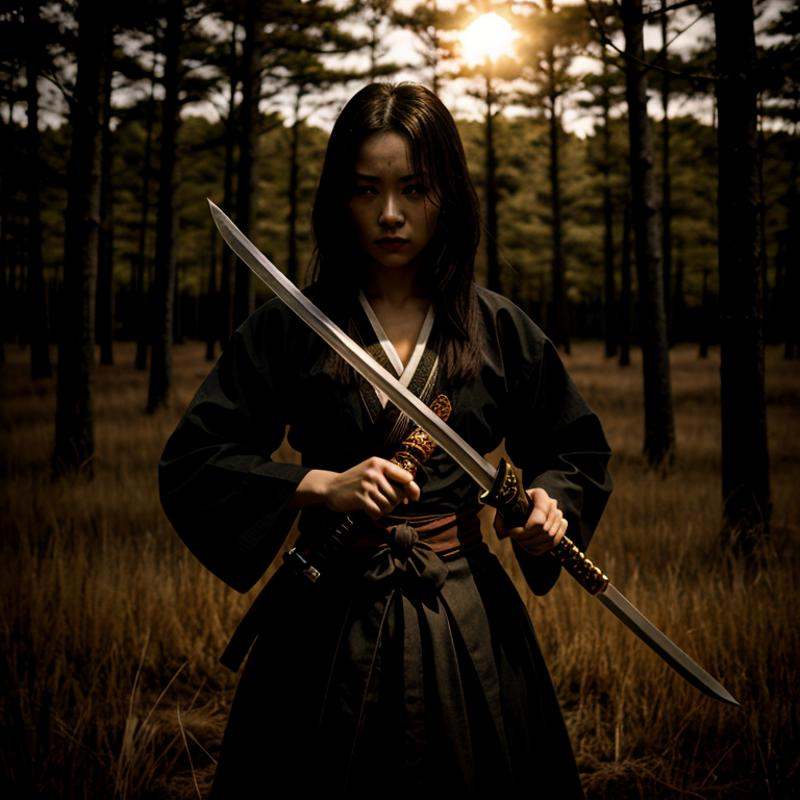 Horror-themed,  an epic cinematic backlight photo of a woman with a Katana sword in a field with golden orange sun in the...