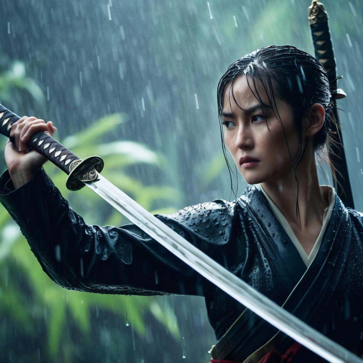 cinematic film still of low angle from below,  an epic cinematic photo of a woman holding a sword in the rain,  staring do...