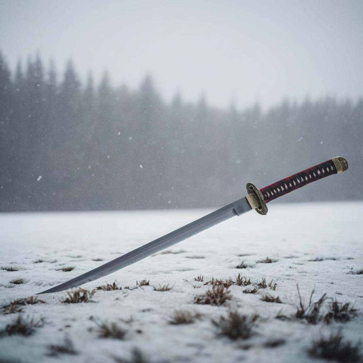 cinematic film still of full shot,  an epic cinematic photo of a samurai sword stuck in the snow ground,  with a lot of bl...