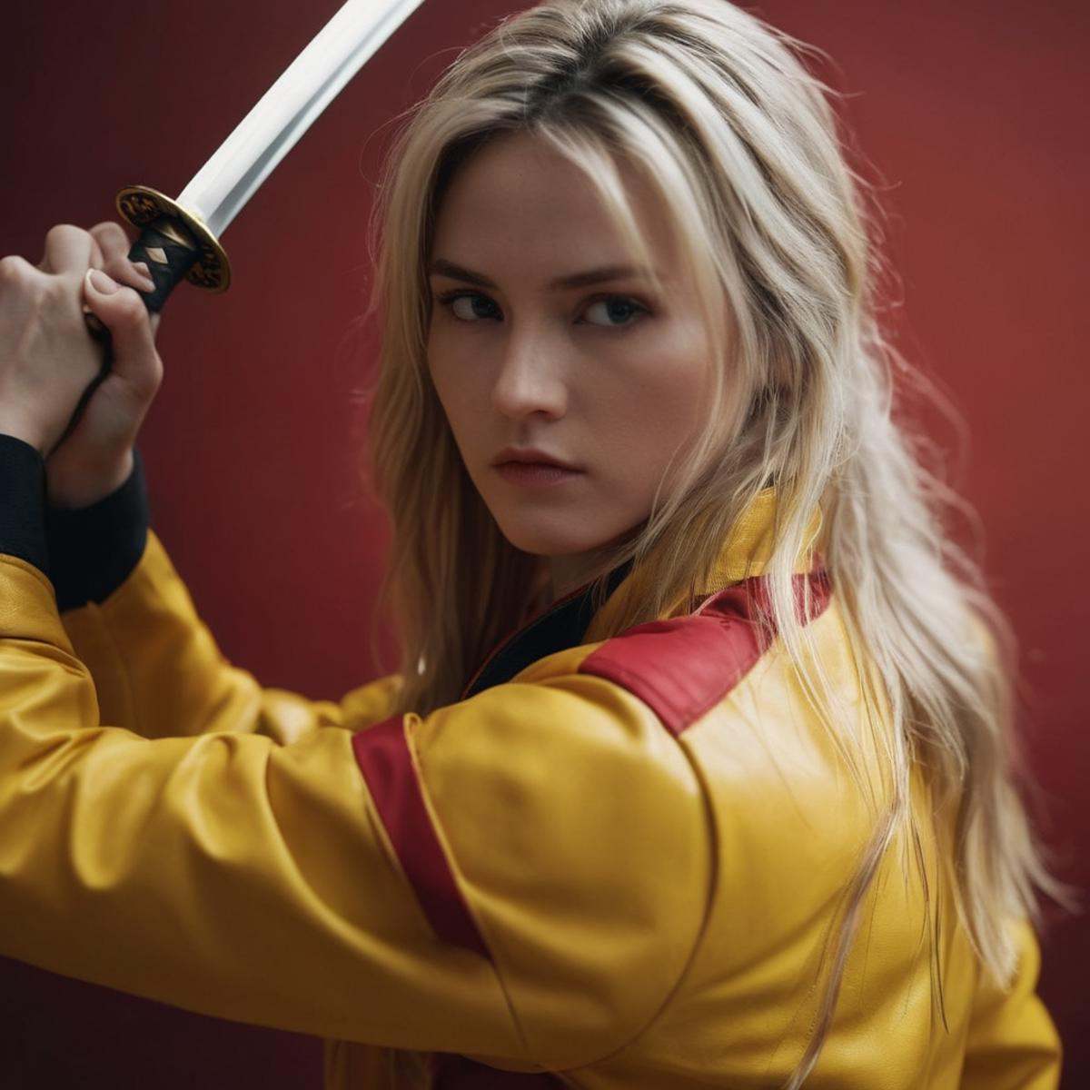 cinematic film still of medium shot,  an epic cinematic photo of a blonde long hair woman in a yellow racing jacket,  hold...