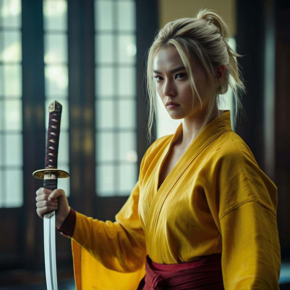 cinematic film still of medium shot,  an epic cinematic photo of a blonde woman in a yellow outfit with blood on her cloth...