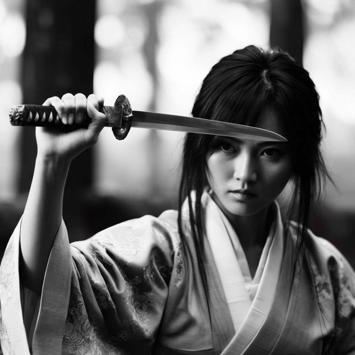 cinematic film still of black and white,  medium shot,  an epic cinematic photo of an asian woman in a kimono drawing a Ka...