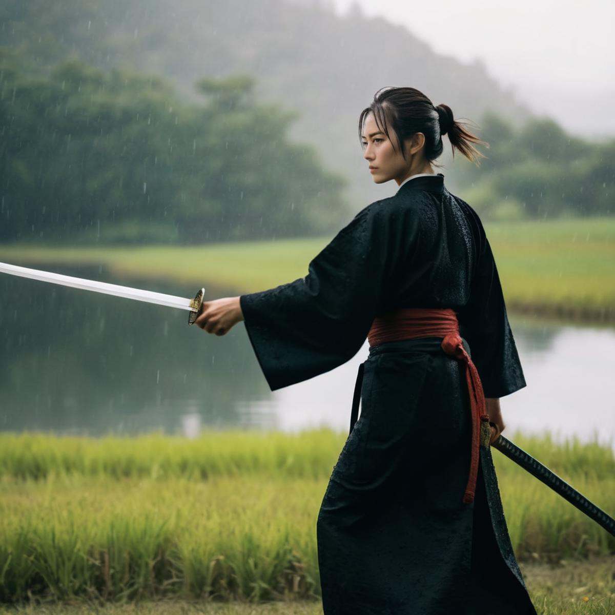 cinematic film still of full shot,  an epic cinematic photo of a woman in a black kimono outfit holding a Katana sword wit...