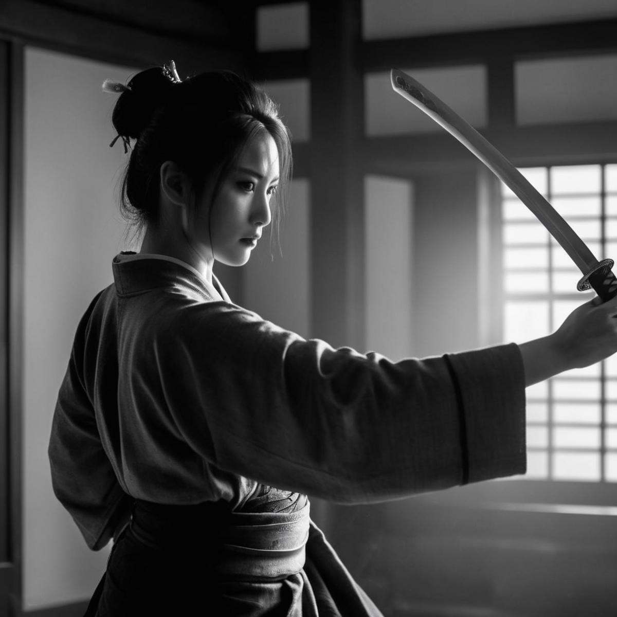 cinematic film still of medium shot,  black and white photo,  an epic cinematic photo of a woman in a black grey kimono dr...