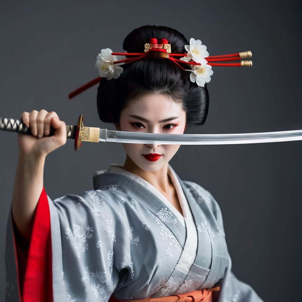 cinematic film still of medium shot,  an epic cinematic photo of a geisha woman holding a sword with bother hands,  lookin...