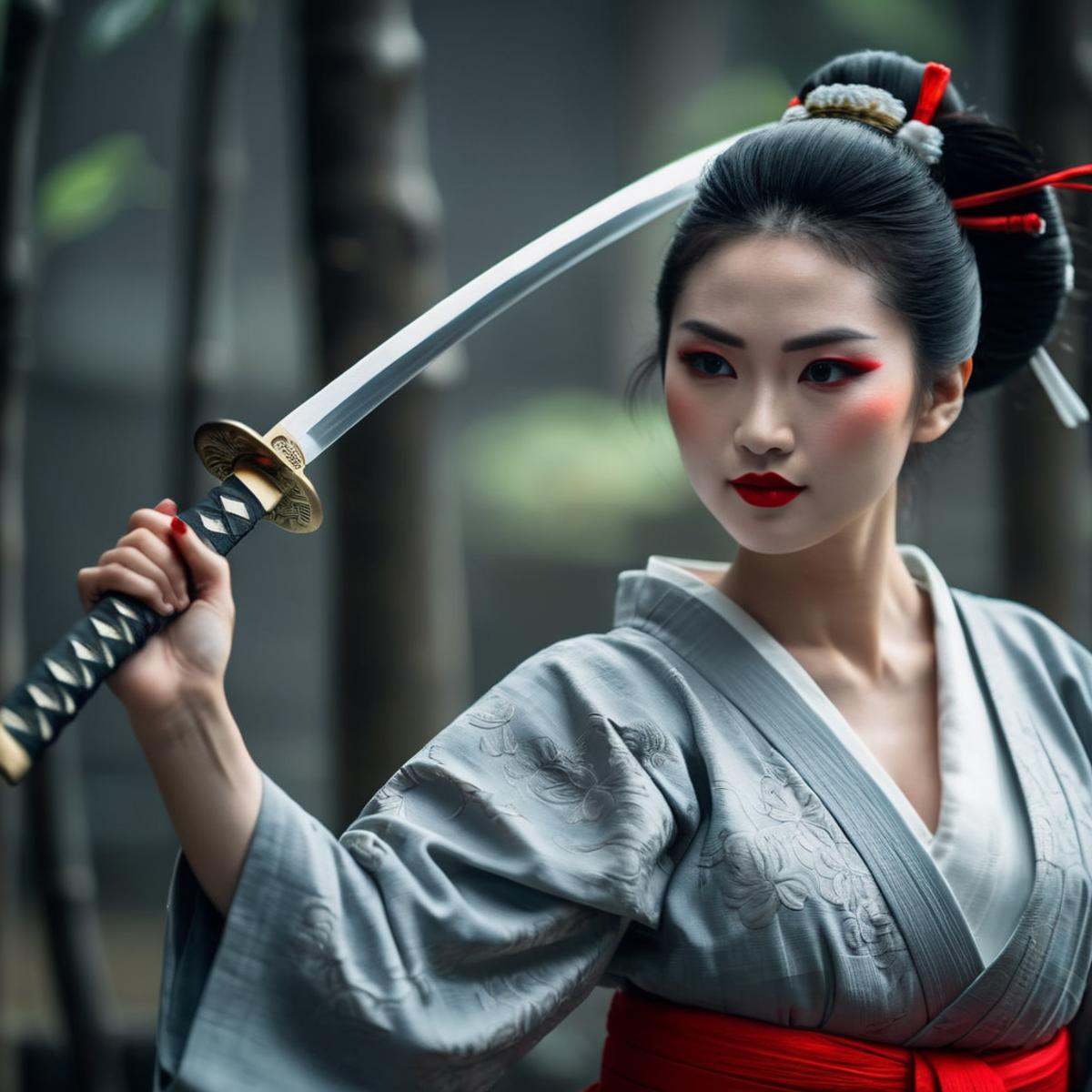 cinematic film still of medium shot,  an epic cinematic photo of a geisha woman holding a Katana sword with bother hands,...