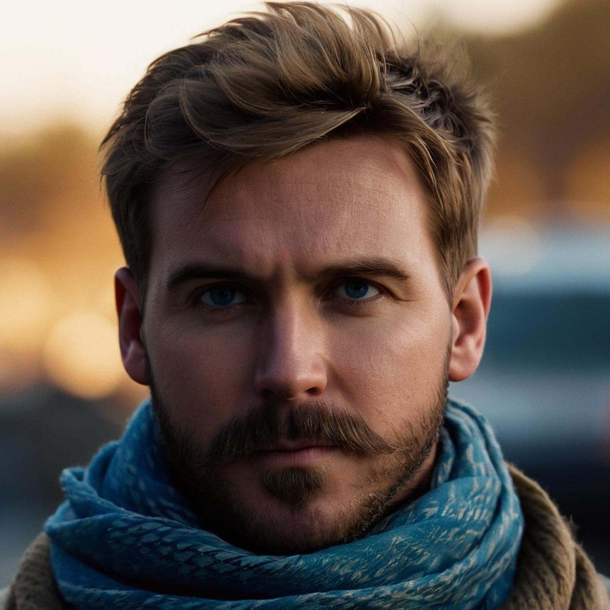 cinematic film still of Alex Keller a messy short hair man with a beard,  mustache and a scarf modern warfare style,  solo...