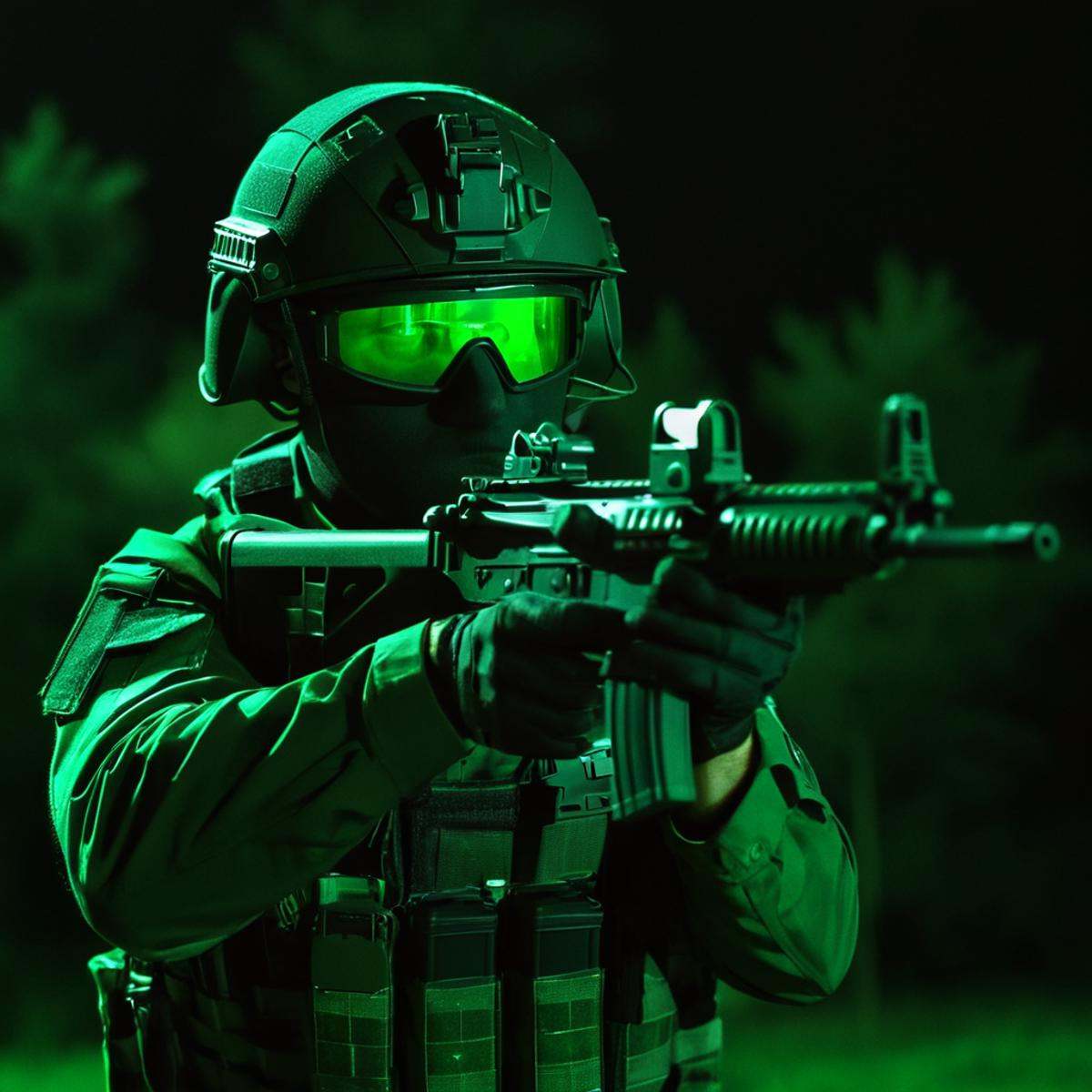 cinematic film still of Night-vision a military man in a military uniform holding a submachine mp5 gun with green nigh vis...