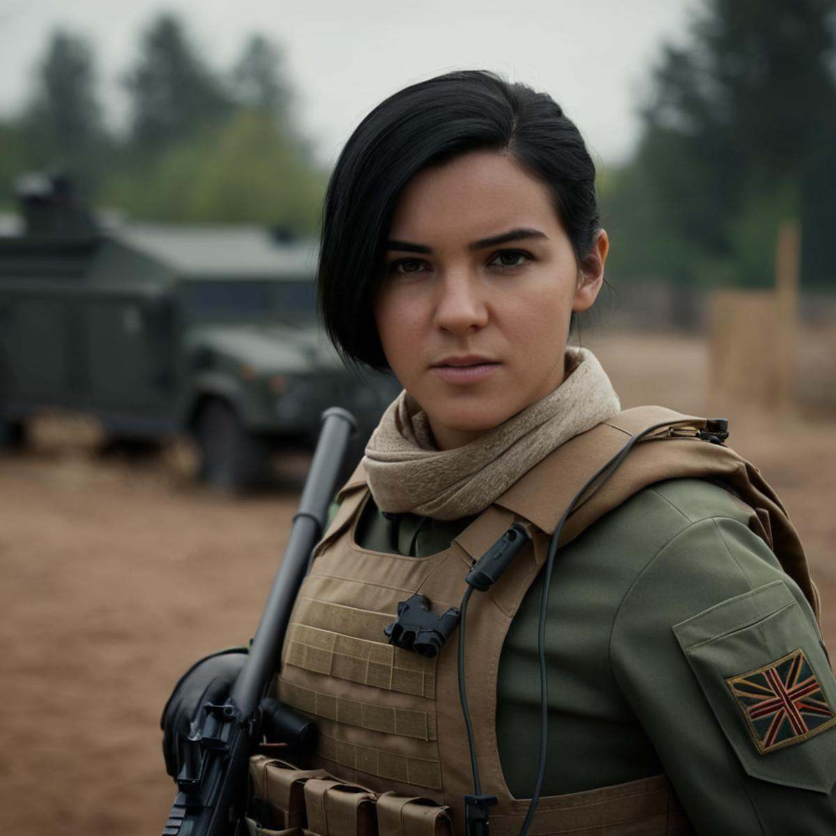 cinematic film still of Mara a woman in a military uniform holding a rifle modern warfare style,  1girl,  solo on Tensor.Art