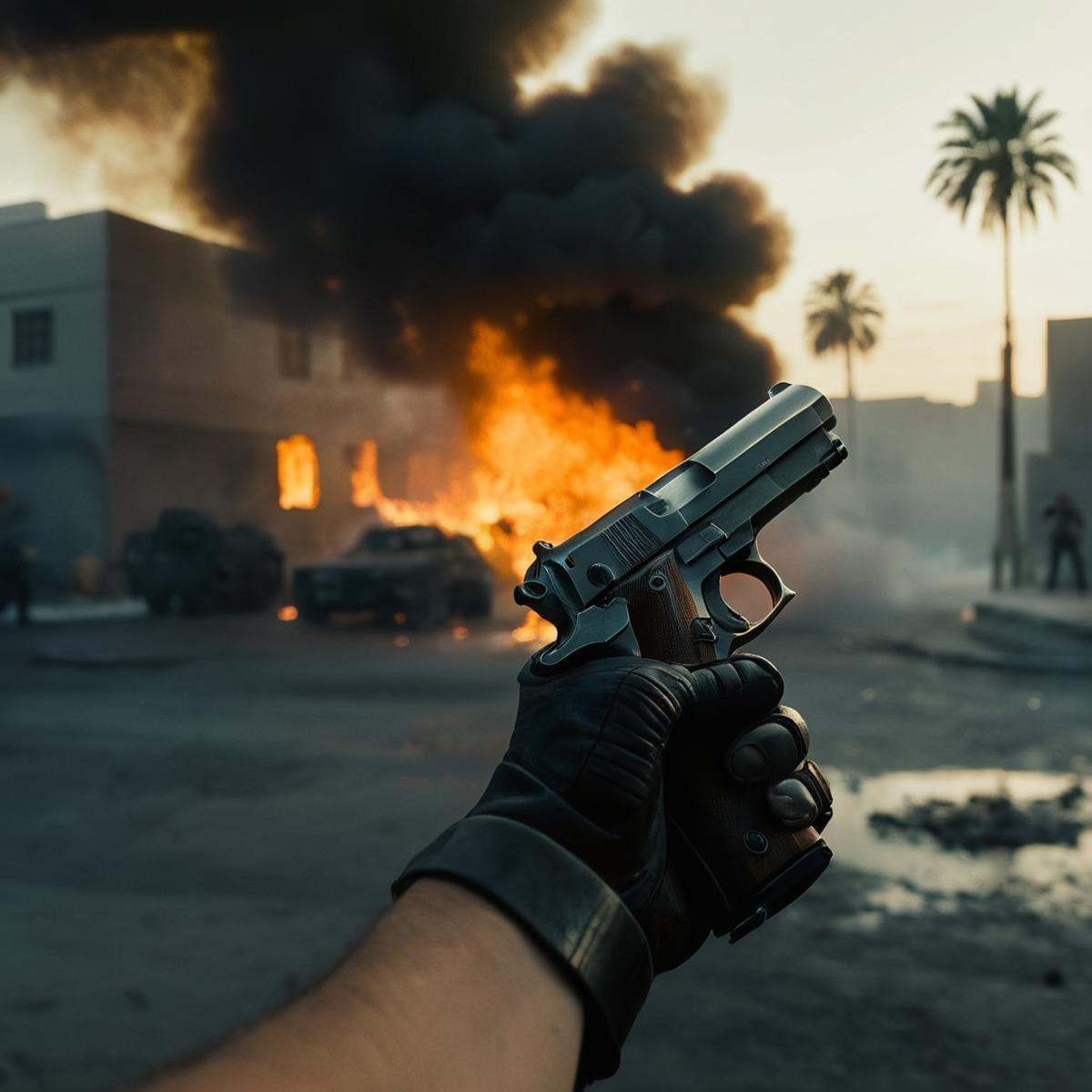 cinematic film still of a pov point of view of a person with a hand gun pistol is standing in front of a fire on city stre...