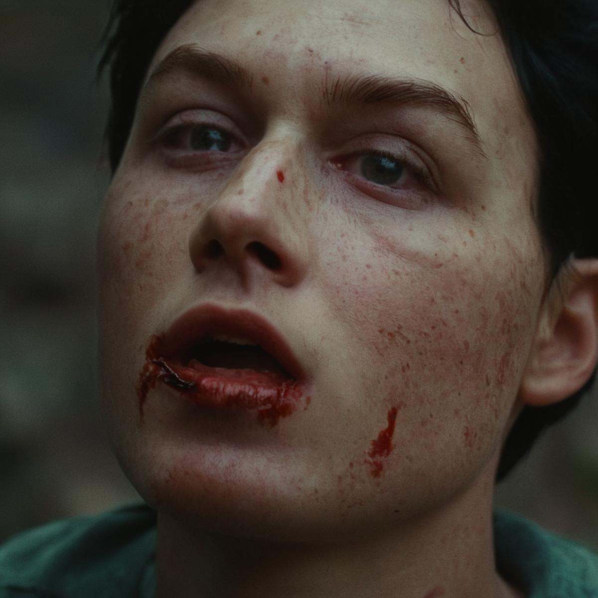cinematic film still of (((rotated view)))rotated view,  a woman with a bloody face and a wound on her face,  solo on Tens...