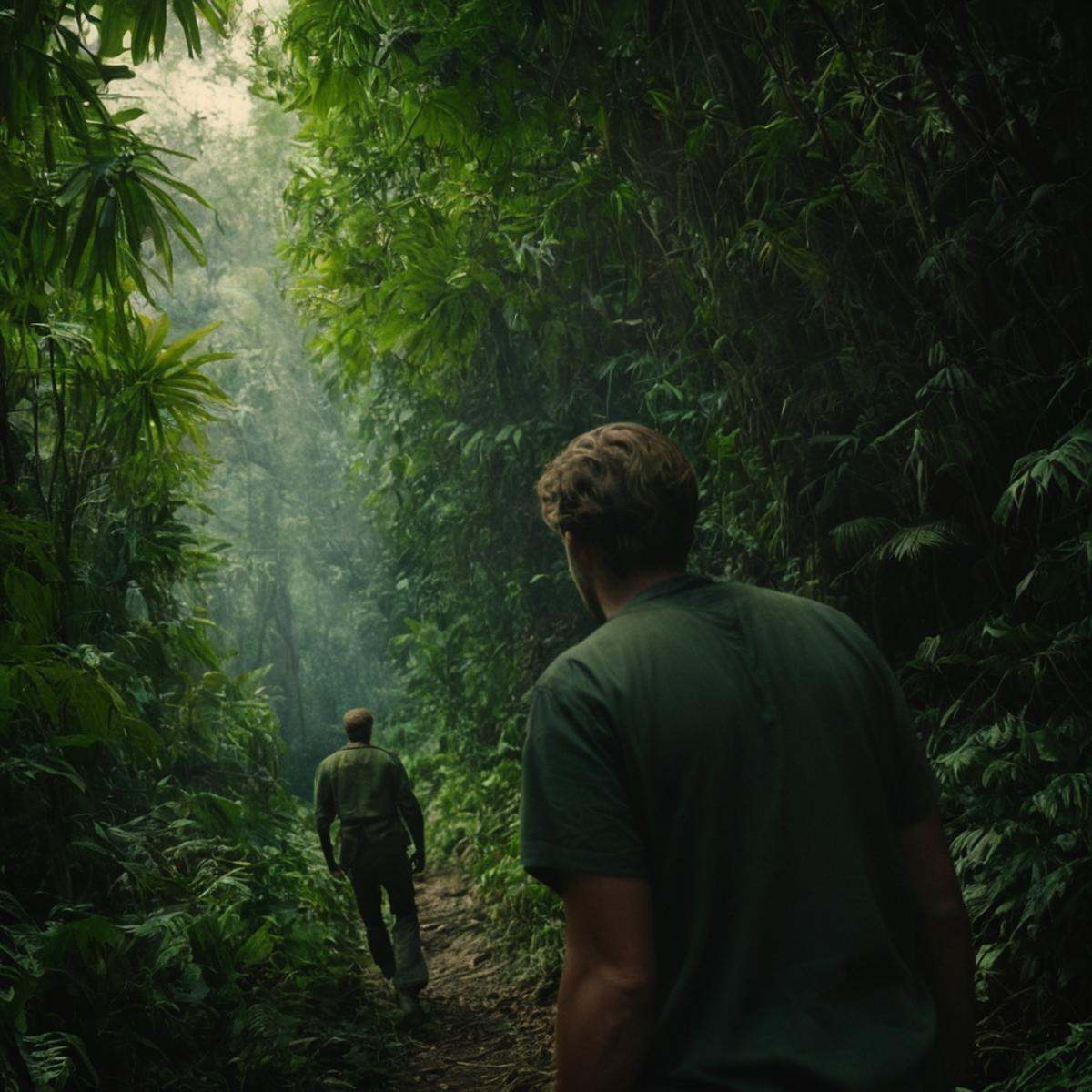 cinematic film still of a man in jungle in a dutch angle rotated view style,  shallow depth of field,  vignette on Tensor.Art