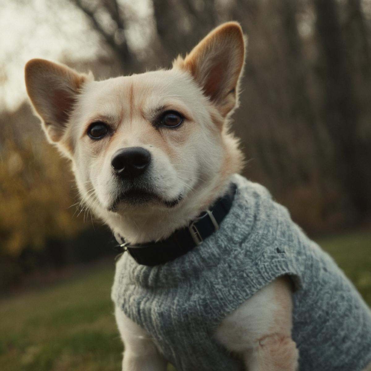 cinematic film still of rotated camera angle view style:1.5a dog wearing a sweater and a collar,  solo,  looking at viewer...