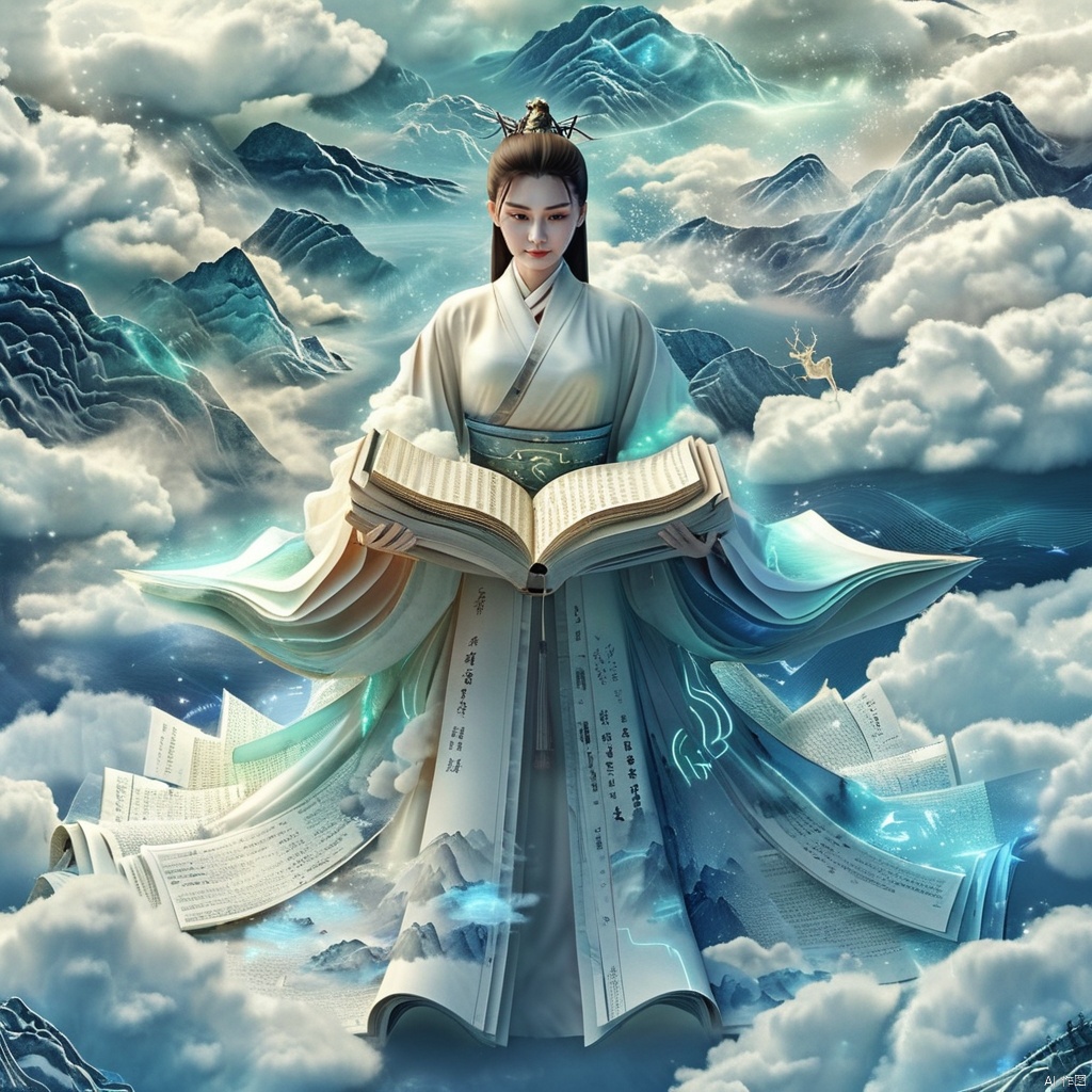 （cg插画）海报设计,未来艺术,一片由古书页构成的云层中。她身穿融合山海经古卷与未来科技的轻盈长袍,袍身如云层般流动,带有山海经的符文与未来光点。她的双手托起一卷古书,书页中浮现出云雾缭绕的山海景象,山川湖泊与神兽如同在书卷中显现。她的姿态如同在引导书中世界的力量,周围的光效与云层交织在一起,形成神秘的氛围。镜头从正面俯视,突显她在云层中的掌控力与神秘感