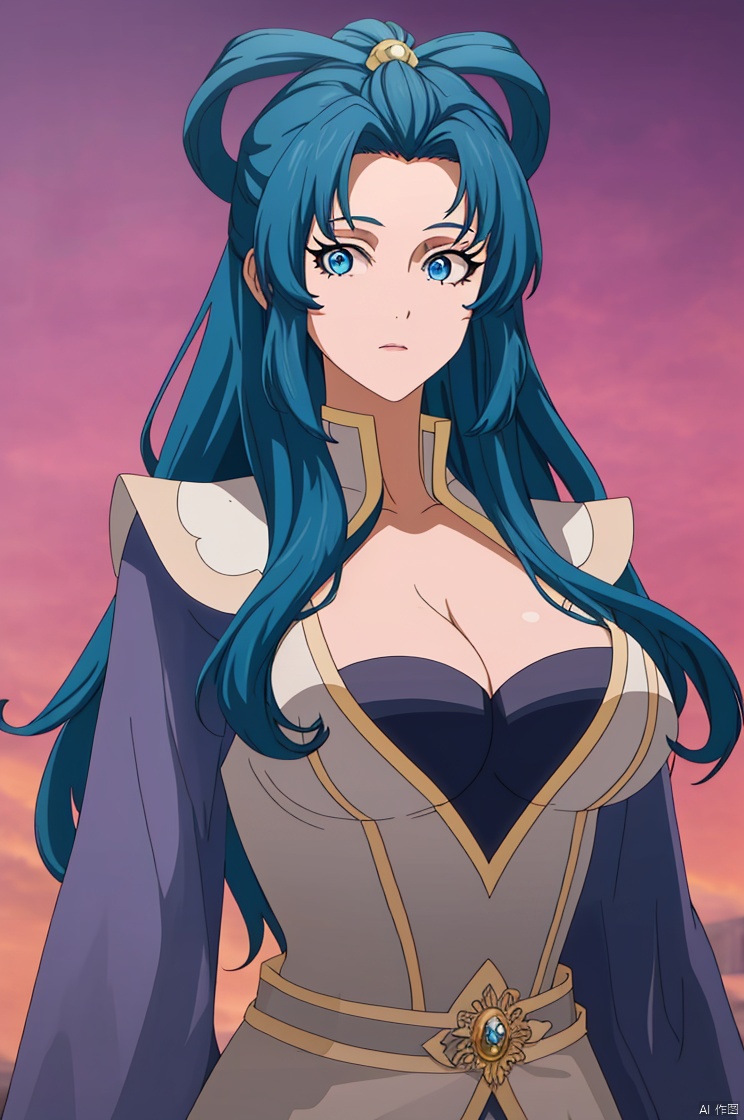 Hair temples,Flying bun hairstyle,
1girl, solo, long hair, breasts, looking at viewer,  blue eyes, large breasts, cleavage, blue hair,(masterpiece, 8K, high quality,
highres, ultra-detailed,  absurdres, best quality, detailed), sidelighting, lustrous skin, 