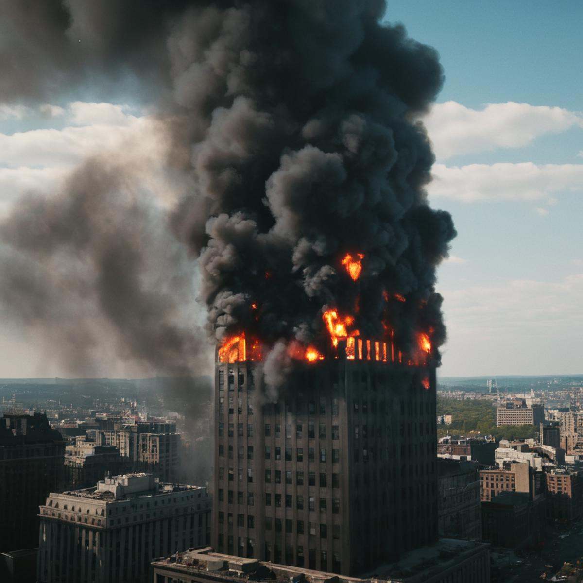 cinematic film still of Allied a tall building with a lot of black smoke coming out of it,  outdoors,  sky on Tensor.Art