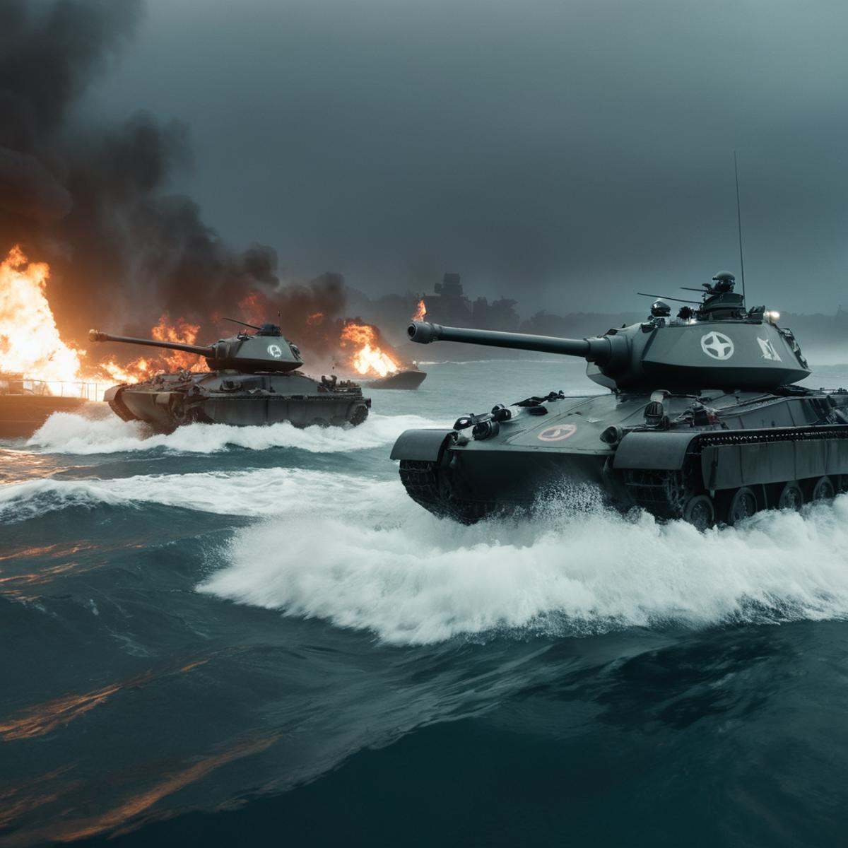 cinematic film still of Allied a couple of vehicles that are in the water,  military,  no humans on Tensor.Art