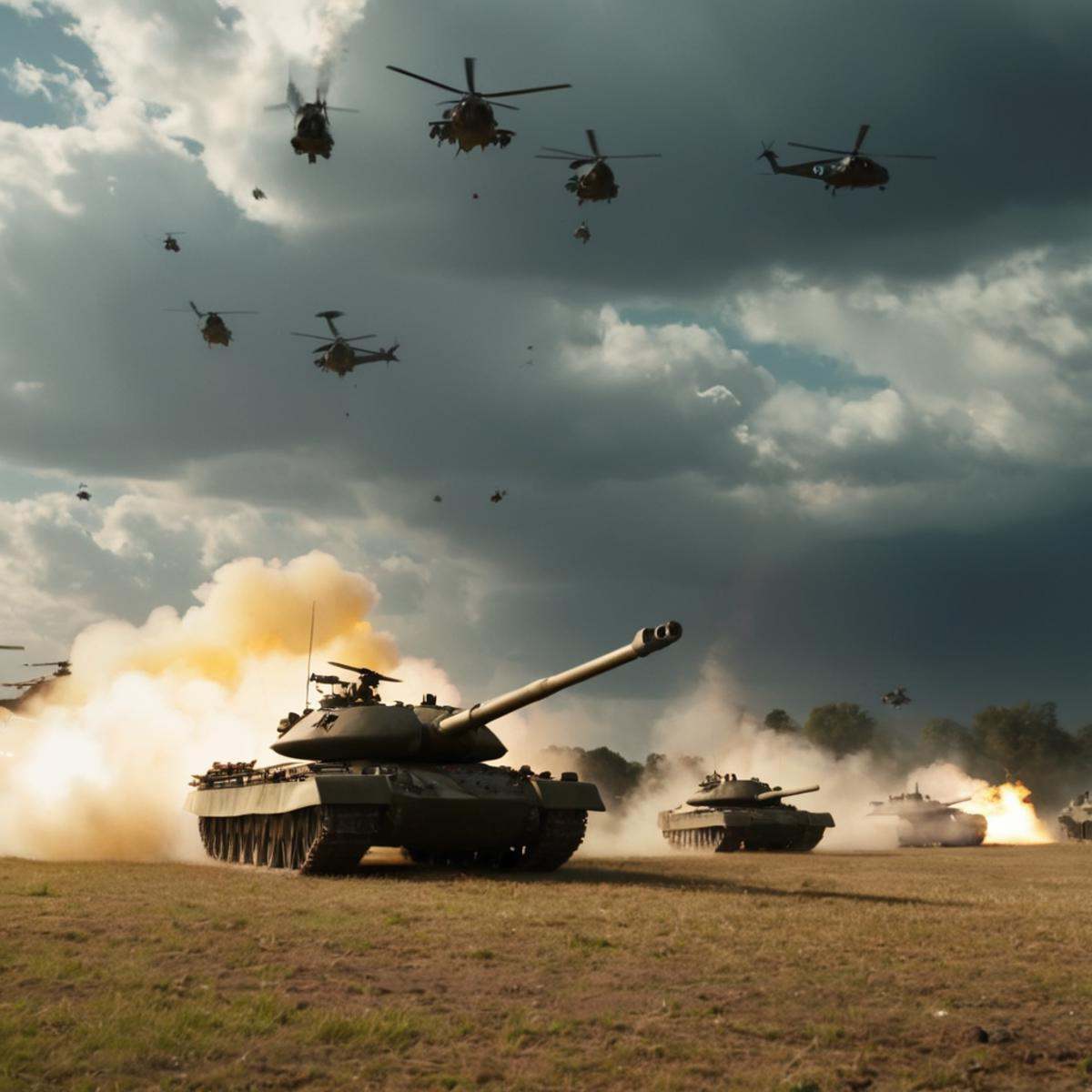 cinematic film still of a group of tanks and helicopters flying over a field,  weapon,  outdoors on Tensor.Art