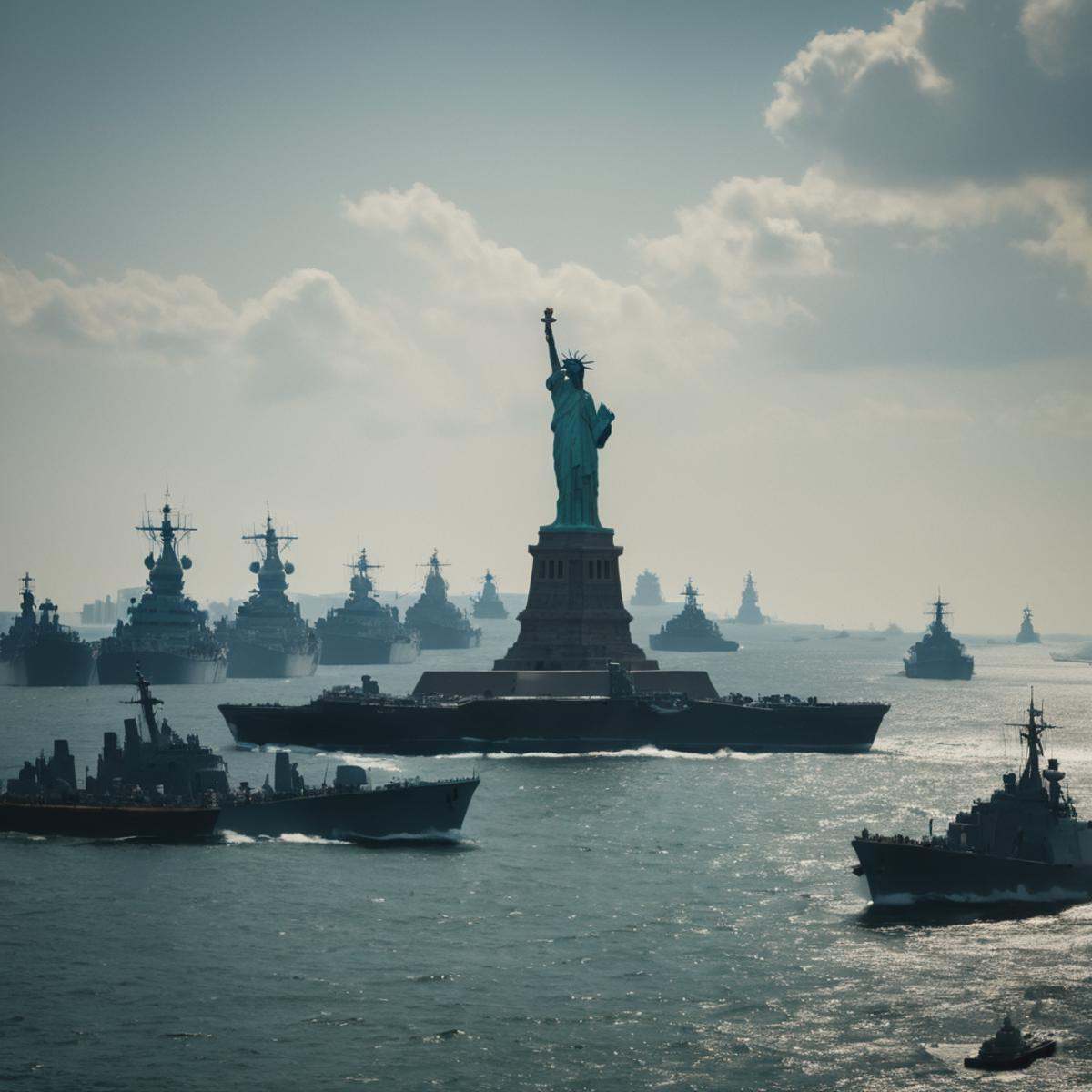 cinematic film still of statue of liberty surrounded by a fleet of ships,  sky,  day on Tensor.Art